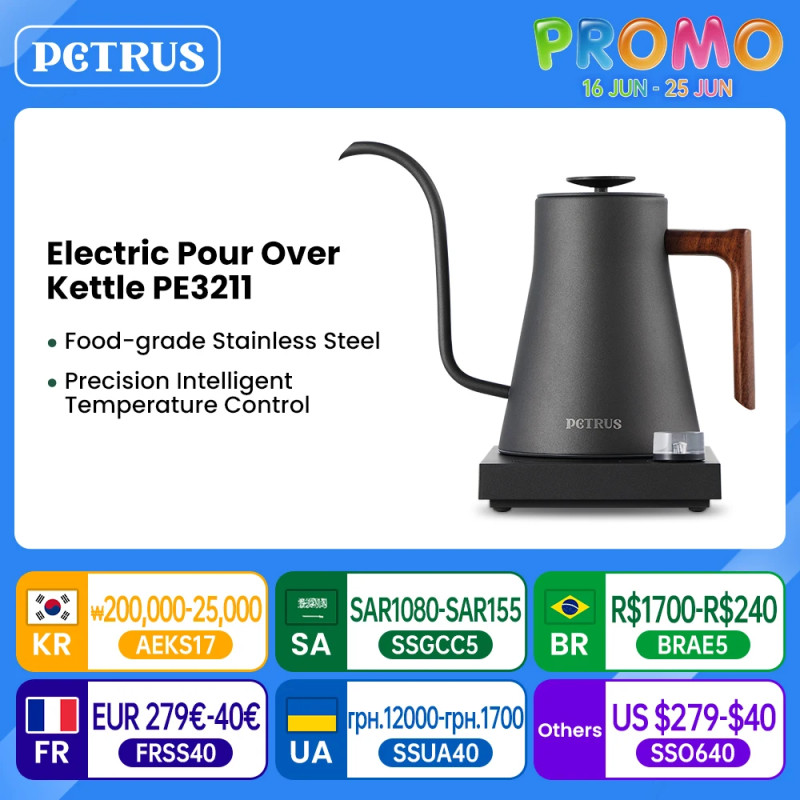 PETRUS Smart Kettle: Controle preciso de temperatura e pescoço de ganso para café e chá